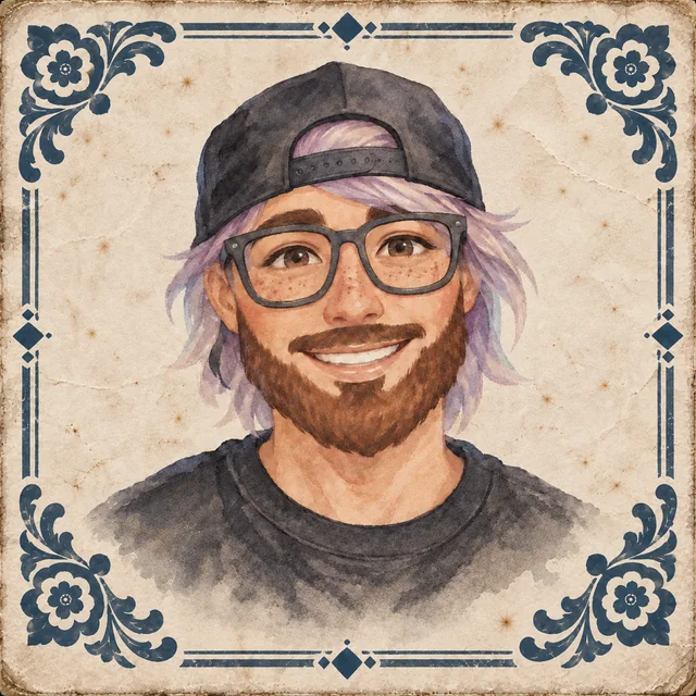 Square watercolor portrait of Skitter on an antique parchment card