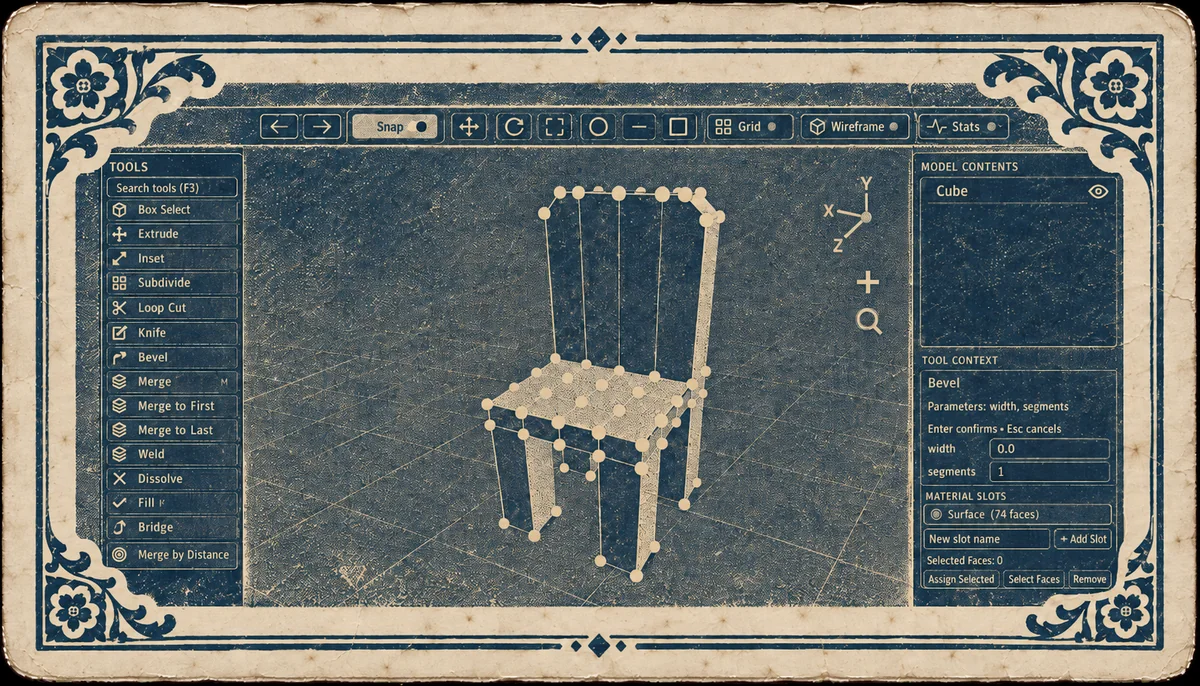 Vintage blueprint illustration of a 3D modeling interface