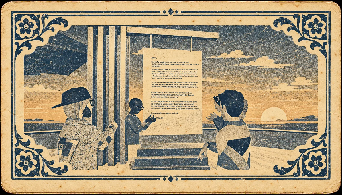 A vintage postcard style illustration of two people in discussion