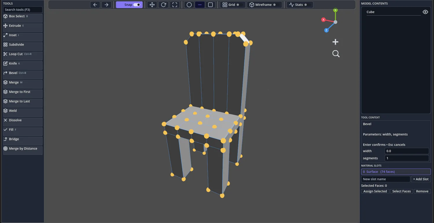 somwyr’s modeling workspace with a mesh being edited