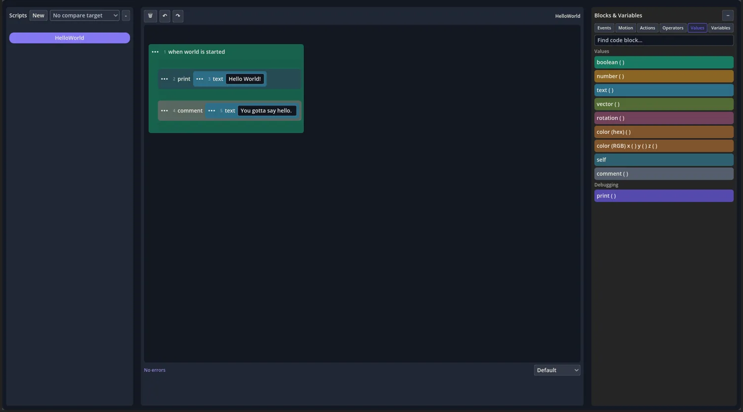 somwyr Scripting workspace with a visual block script and blocks palette