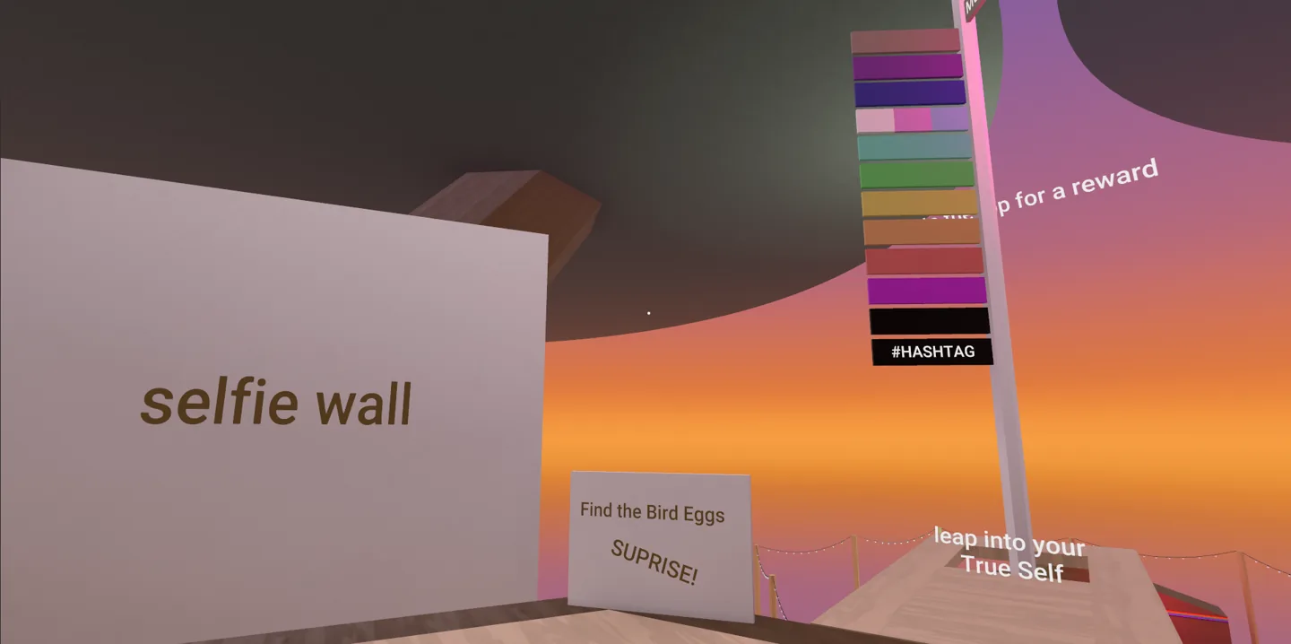 Selfie wall and interactive activity area in an early world build