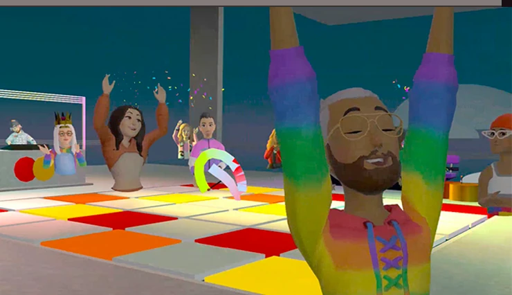 Visitors celebrate together on a colorful dance floor